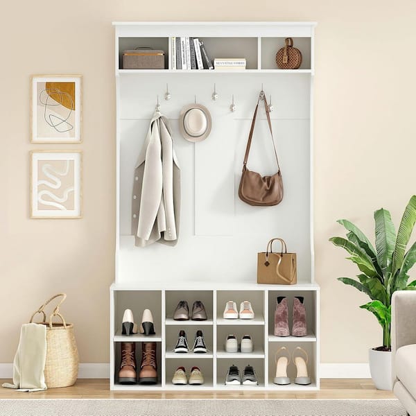 Elegant 70.9 in. White Solid Wood Hall Tree with Bench and Shoe Storage Cabinet