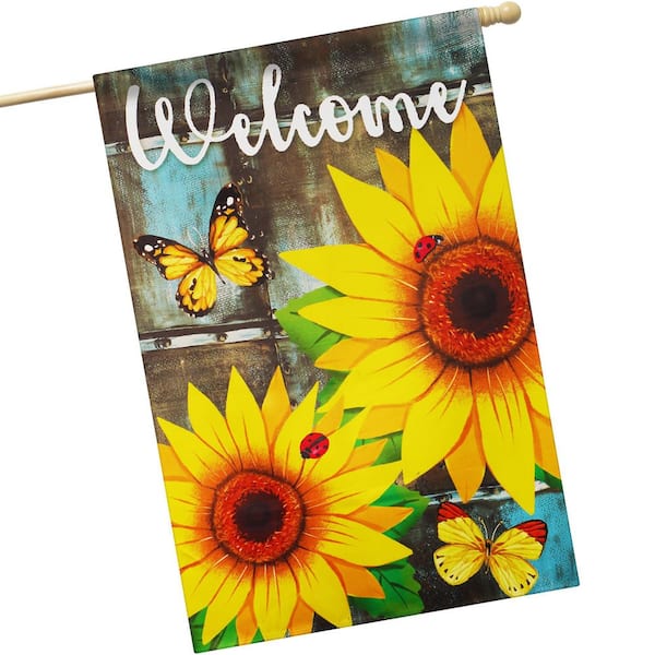 28 in. x 40 in. Polyester Welcome Sunflowers and Butterflies Flag 2-Sided Printed