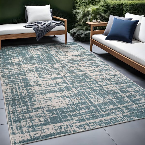 Atlas Teal 5 ft. x 7 ft. Rubber Back Washable Modern Canvas Indoor Outdoor Area Rug
