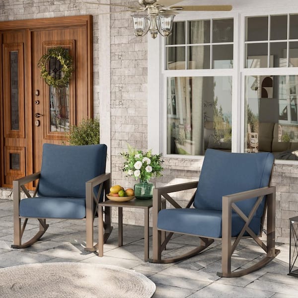 3-Piece Metal Patio Conversation Set with Navy Cushions