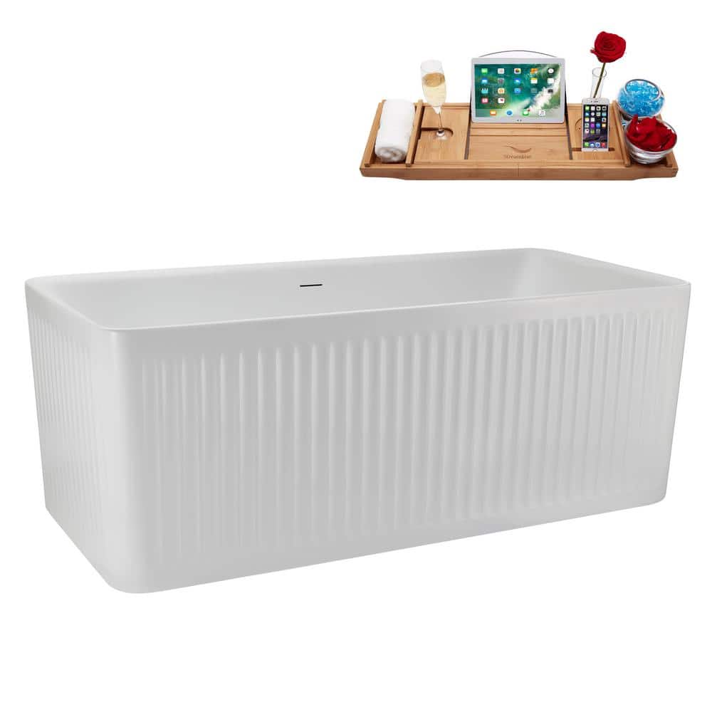 59" White Acrylic Freestanding Soaking Tub with Tray