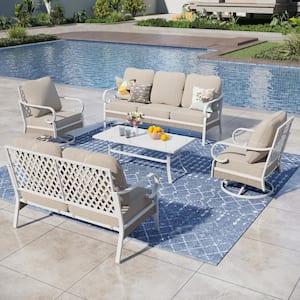 White 5-Piece Metal Outdoor Patio Conversation Seating Set with Swivel Chairs, Marbling Coffee Table and Beige Cushions
