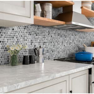 White and Grey 11.3 in. x 12.3 in. Penny Round Polished Marble Mosaic Tile (4.83 sq. ft./Case)