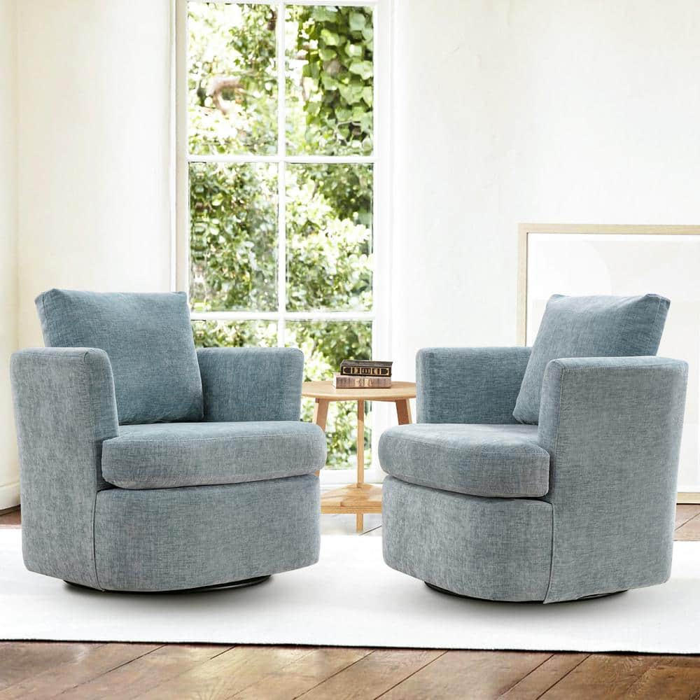 LUE BONA 32 in. W Blue Chenille Swivel Accent Barrel Chair Upholstered Armchair Comfy Sofa Chair 360°Club Chair(set of 2) H2SN-003-04HD