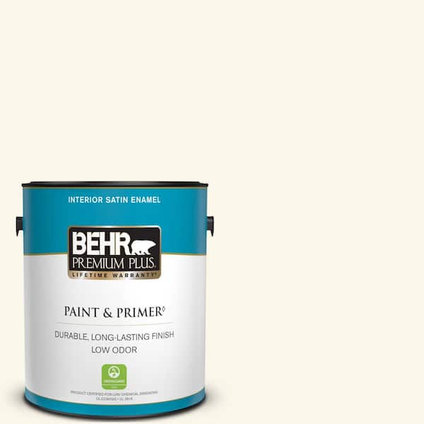 BEHR PREMIUM PLUS 1 gal. #OR-W15 Sleek White Satin Enamel Low Odor Interior Paint & Primer