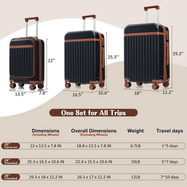 LIVACA 3-Piece Black ABS Plastic Hardside Spinner Luggage Set with