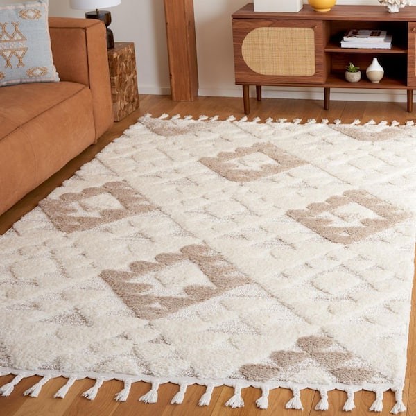 Moroccan Tassel Shag Ivory/Beige 4 ft. x 4 ft. High-Low Geometric Fringe Square Area Rug