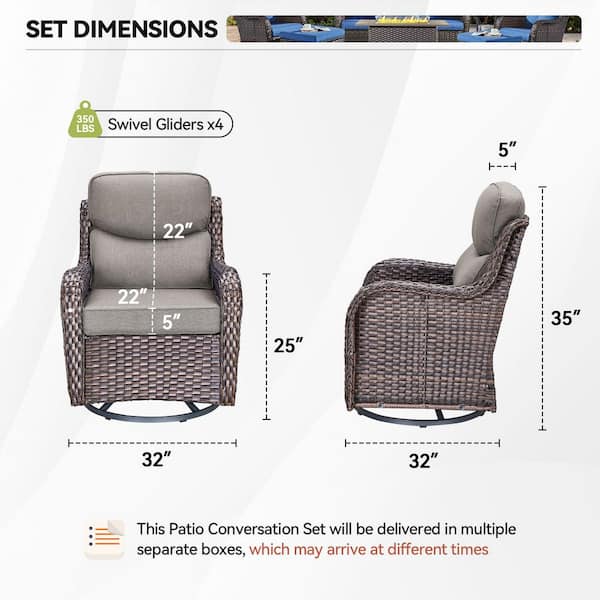 Luxury 4-Piece Brown Swivel Glider Wicker Outdoor Rocking Chair with Olefin Gray Cushions for Patio or Porch