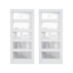 72 in. x 84 in. White, Finished, MDF, Frosted Glass, 5-Glass Panel Barn Door Slab without Hardware