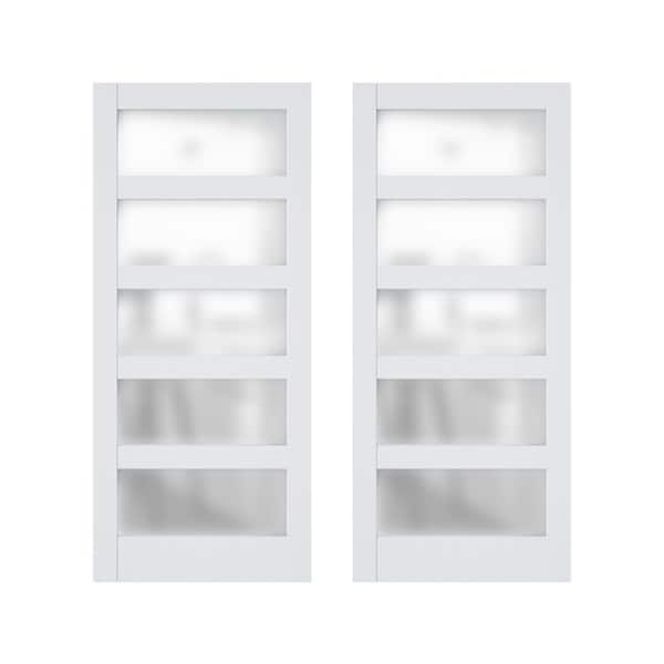 TENONER 72 in. x 84 in. White, Finished, MDF, Frosted Glass, 5-Glass Panel Barn Door Slab without Hardware