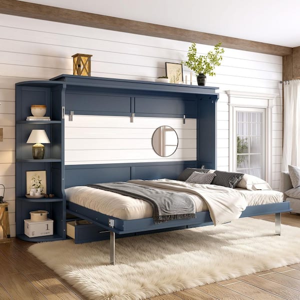 Noble House Bosco Blue Wood Frame Queen Size Murphy Bed with Shelf