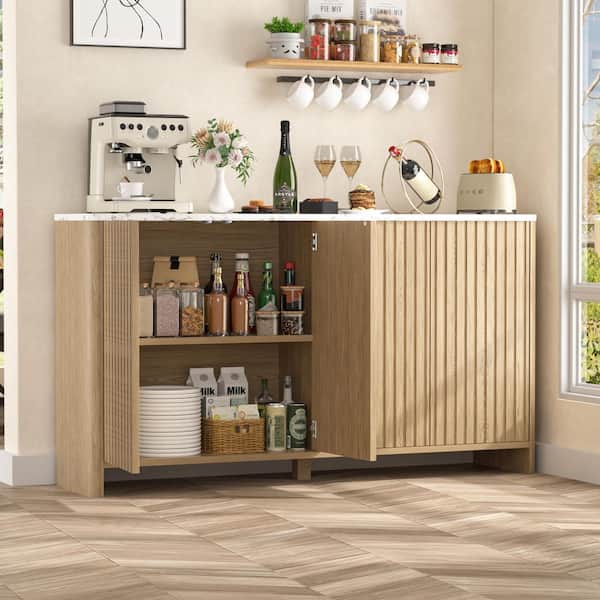 60.24 in. W Wood Color MDF Sideboard Buffet, Accent Storage Cabinet with Adjustable Shelves and Curved Turn