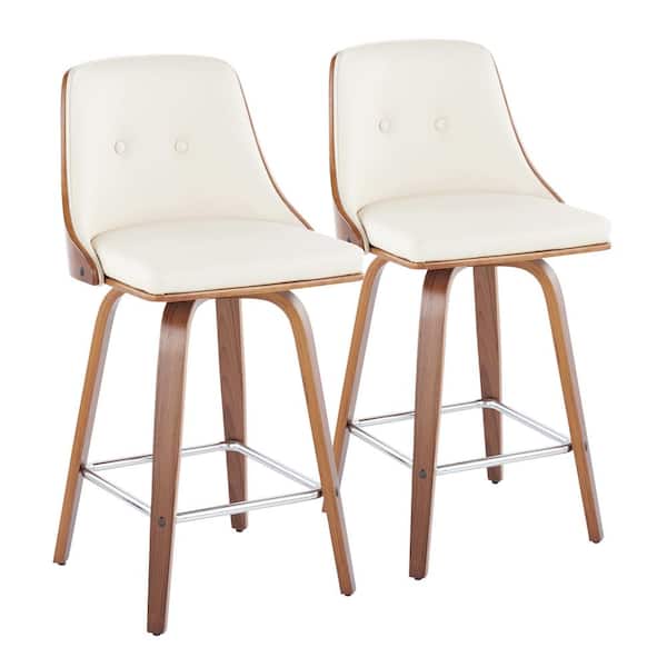 Lumisource Gianna 25.75 in. Cream Faux Leather, Walnut Wood, Chrome Metal Counter Height Bar Stool with Square Footrest (Set of 2)
