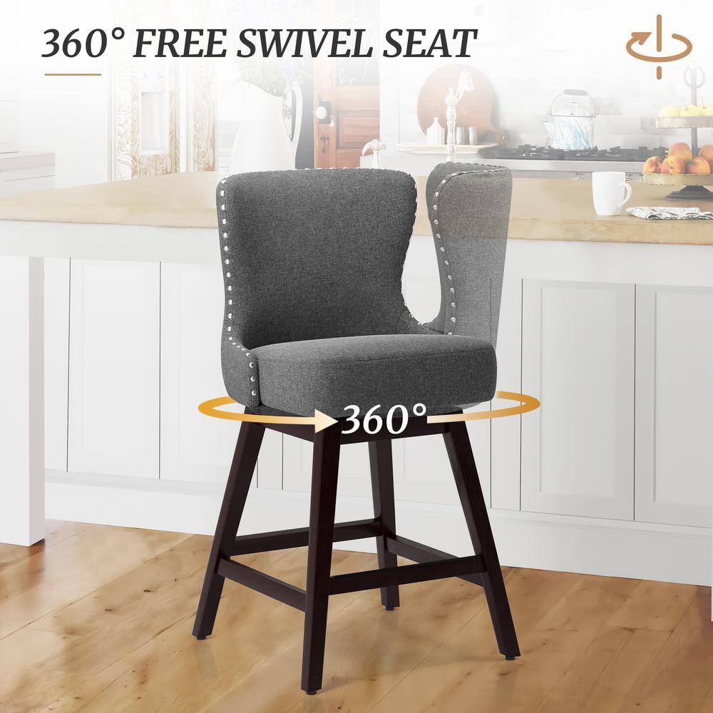 Gray Linen Fabric Upholstered Swivel Counter Stools with Solid Wood Frame, Set of 2