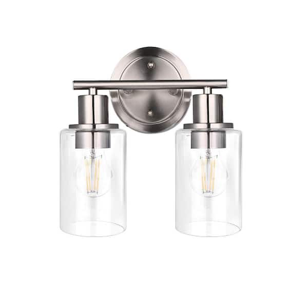 GLA 10.44 in. 2-Light Brushed Nickel Vanity Light with Clear Glass Shade