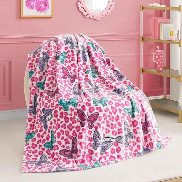 Leopard Butterfly Flamingo Pink Plush Polyester Kids Throw Blanket