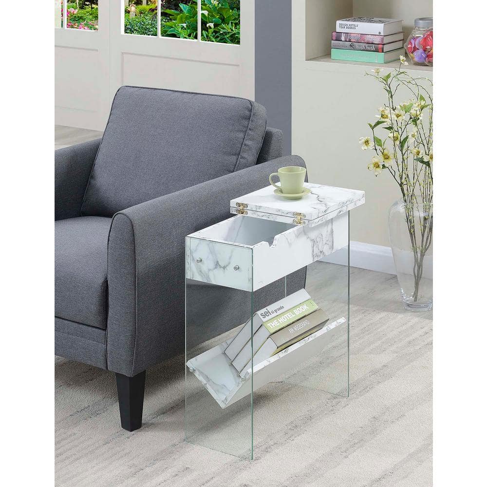 SoHo Modern White Faux Marble Flip Top End Table with Charging Station