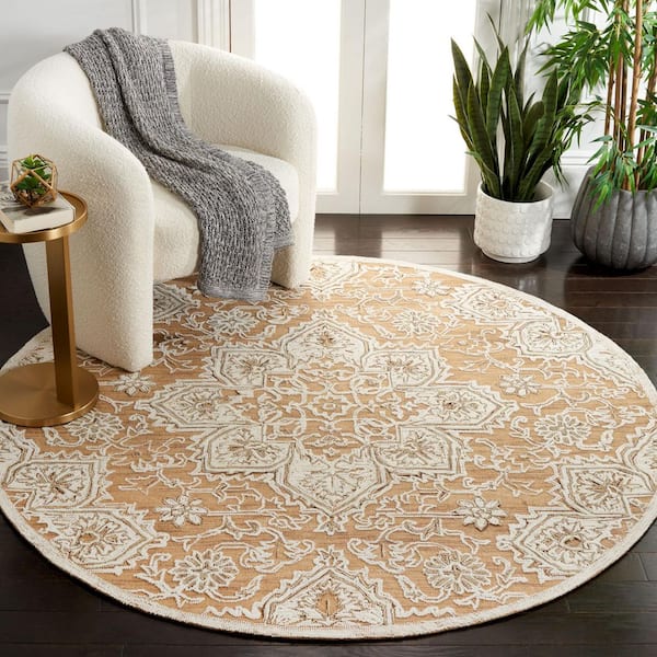 Trace 6 ft. x 6 ft. Gold/Ivory Ornate High-Low Round Area Rug