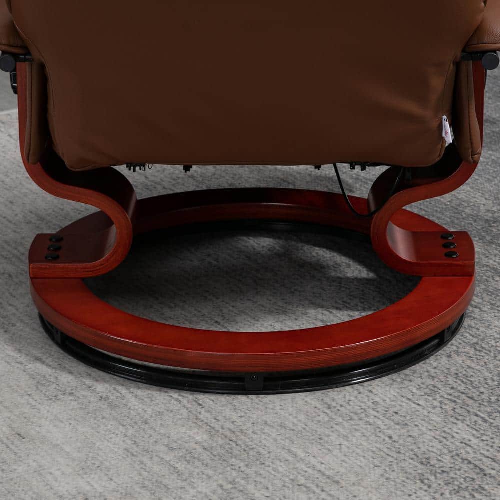Brown Faux Leather Swivel Recliner with Wood Base
