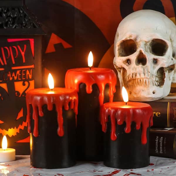 Halloween Black Flameless Pillar Candles Red Real Wax Dripping