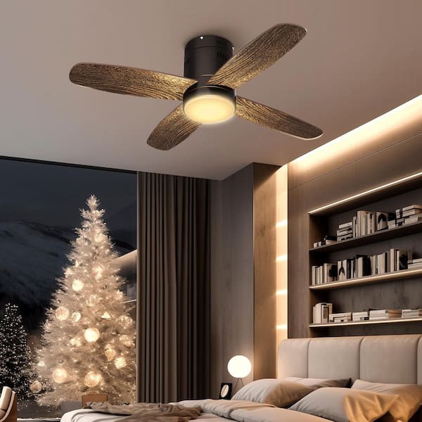 TOZING 36 in. Smart Indoor LED Modern Dimmable Black Wood Low Profile Flush Mount Ceiling Fan with Light Kit and Remote