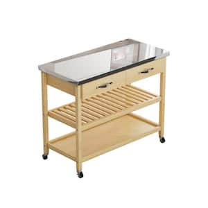 Wood Grain Solid Wood 44 in. Kitchen Island with with Steel Table Top and Wheels