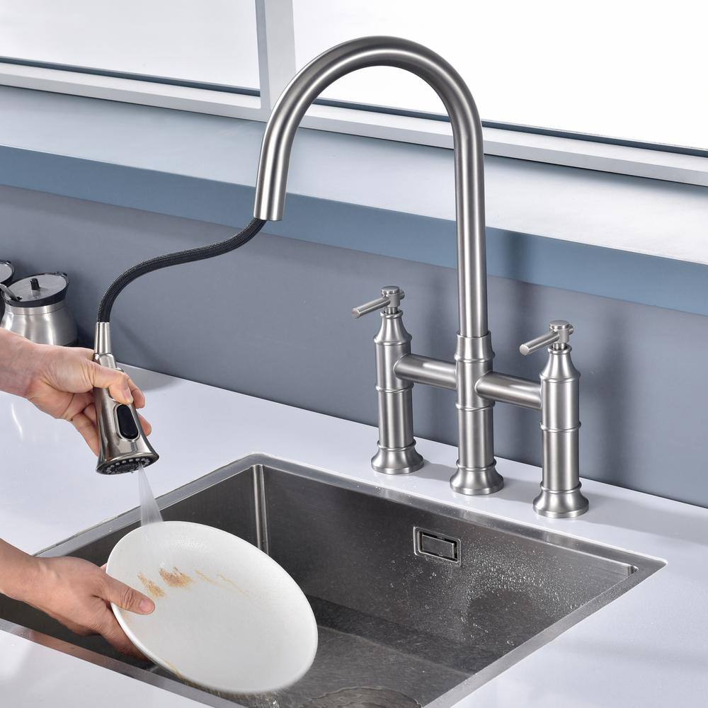 Brushed Nickel Double Handle Bridge Kitchen Faucet with Pull-out Spray