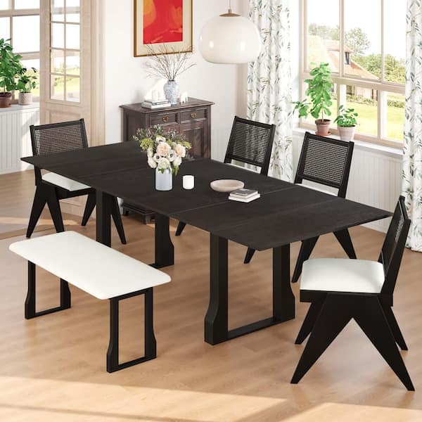 Zeus & Ruta 6-Piece Patio Furniture Espresso Wood Outdoor Dining Table Set with 4-Dining Chairs, Long Bench, Beige Cushions