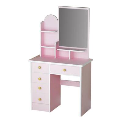 Drawers on the Right Henyao Dressing Table with Mirror and Stool Makeup Desk Vanity Bedroom Wood Dressing Table with 5 Storage Drawers White