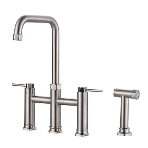 Double Handle Bridge Kitchen Faucet with Pull Out Side Sprayer in Brushed Nickel