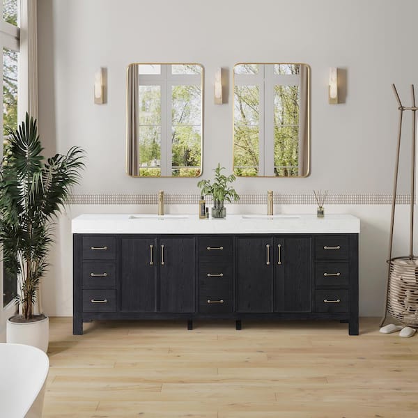 Leon 84 in. W x 22 in. D x 34 in. H Double Bath Vanity in Fir Wood Black with White Composite Stone Top and Mirror