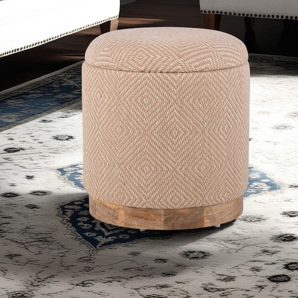 Carolina Chair & Table Handwoven Hesperus Tan Diamond Jute 16 in. Round Storage Ottoman with Wood Base