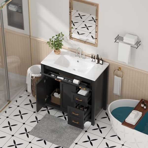 36 in. Single Sink Freestanding Black Bath Vanity with White Ceramic Top Unassembled