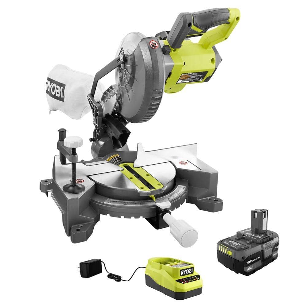 RYOBI 18V ONE+ Cordless 7-1/4 in. Compound Miter Saw with 4.0 Ah Lithium-Ion Battery and 18V Charger -  P553KN
