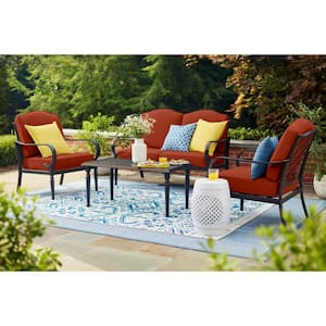 Laurel Oaks 4-Piece Black Steel Outdoor Patio Conversation Seating Set with CushionGuard Quarry Red Cushions