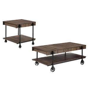 Bargib 2-Piece 47.25 in. Black and Dark Walnut Rectangle Wood Coffee Table Set with Wheels