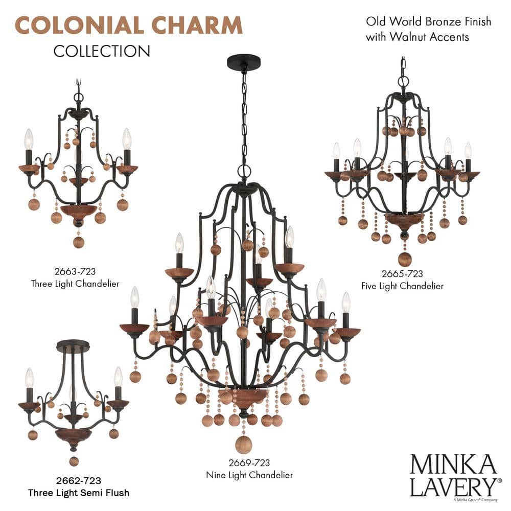 Colonial Charm Mini 3-Light Old World Bronze & Walnut Chandelier