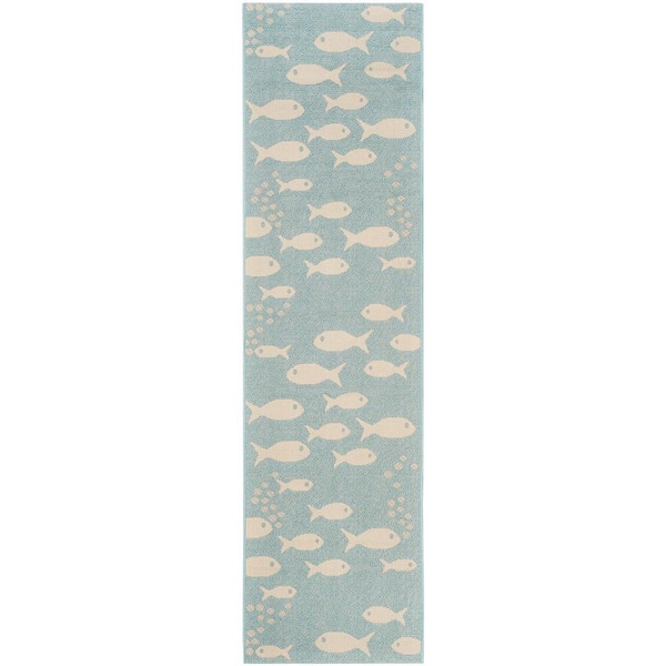 Courtyard Aqua/Beige 2 ft. x 16 ft. Novelty Fish Indoor/Outdoor Runner Rug