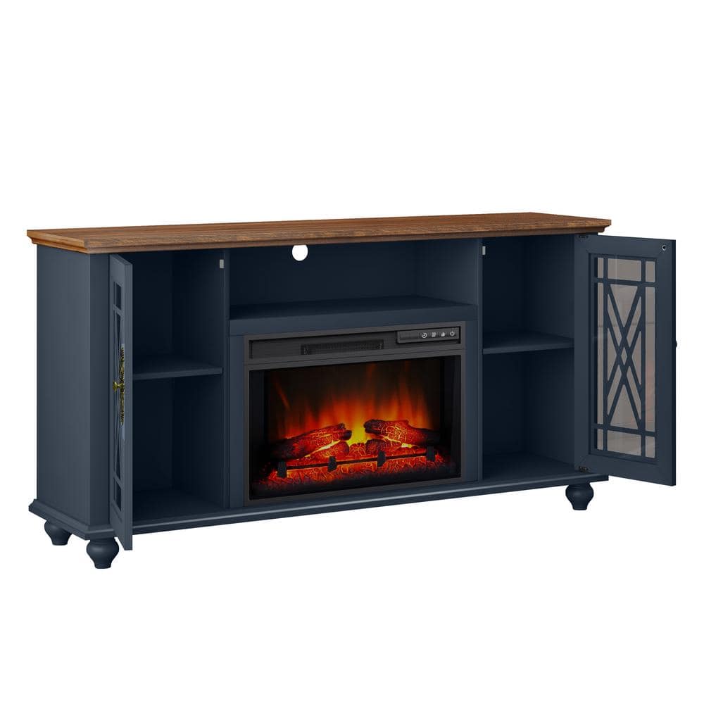 Navy and Natural Wood 62" TV Stand with Fireplace