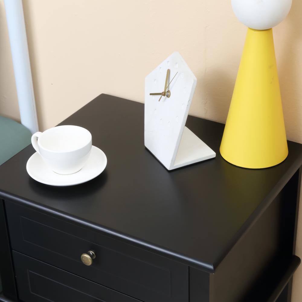 Modern Black Wood Side Table with Dual Storage Drawers and Shelf