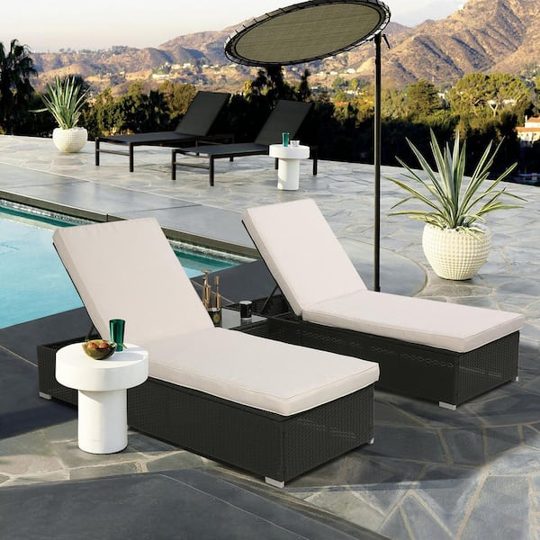Wateday Black 2-Piece Wicker Patio Outdoor Chaise Lounge with Beige Cushions