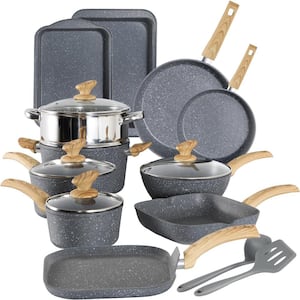 17-Piece Assorted Granite Non-stick Pots and Pans Cookware Set for Kitchen Cooking in Gray