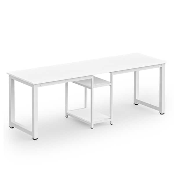 TRIBESIGNS WAY TO ORIGIN Halseey 78 in. Rectangular White Wood Computer Desk Two Person Writing Desk with Metal Frame and Storage Shelves