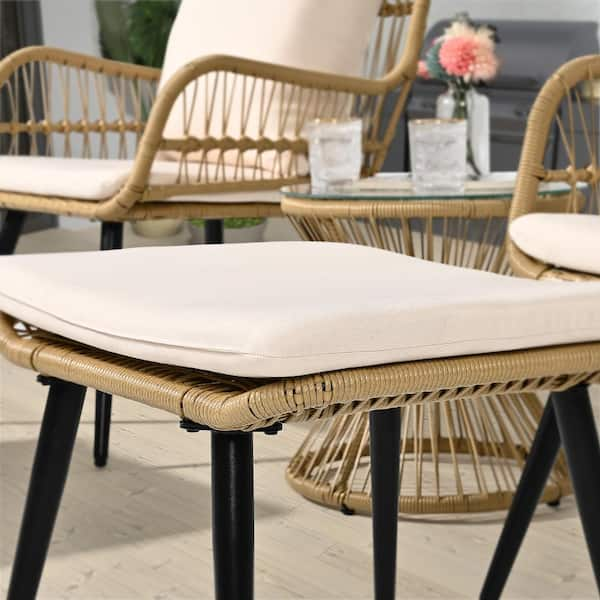 5 Piece Wicker Patio Conversation Set with White Beige Cushions