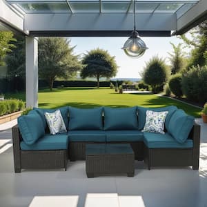 7-Piece Black Wicker Outdoor Sectional Sofa Set Patio Conversation Set with Peacock Blue Cushions for Patio, Garden