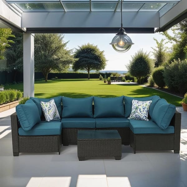 Cesicia 7-Piece Black Wicker Outdoor Sectional Sofa Set Patio Conversation Set with Peacock Blue Cushions for Patio, Garden