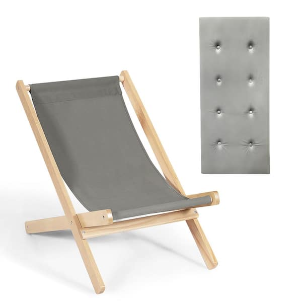 Costway Foldable Wood Outdoor Sling Beach Lounge Chair 3-Position Adjustable Beech Chair with Grey Cushion