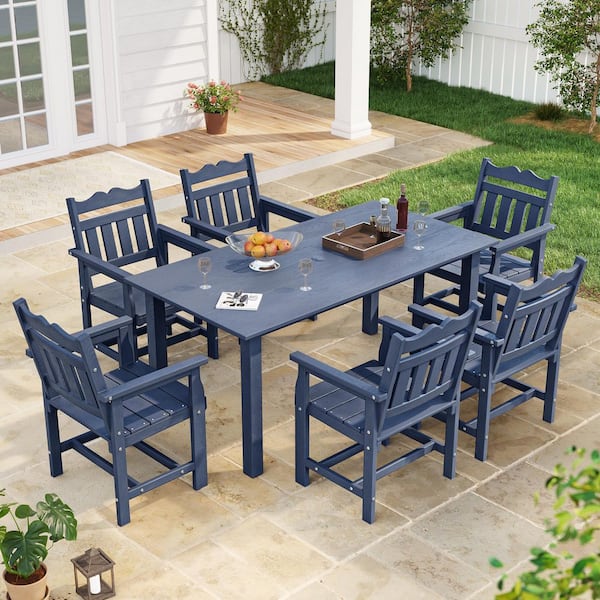 7-Piece Plastic Outdoor Dining Set with 6-HIPS Chairs and a Rectangle Table in Navy Blue