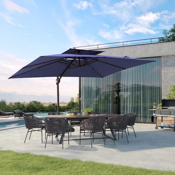 11.5 ft. x 9 ft. Dual Top Outdoor Aluminum 360° Rotation Tilt Cantilever Patio Umbrella in Navy with Base Stand Weights
