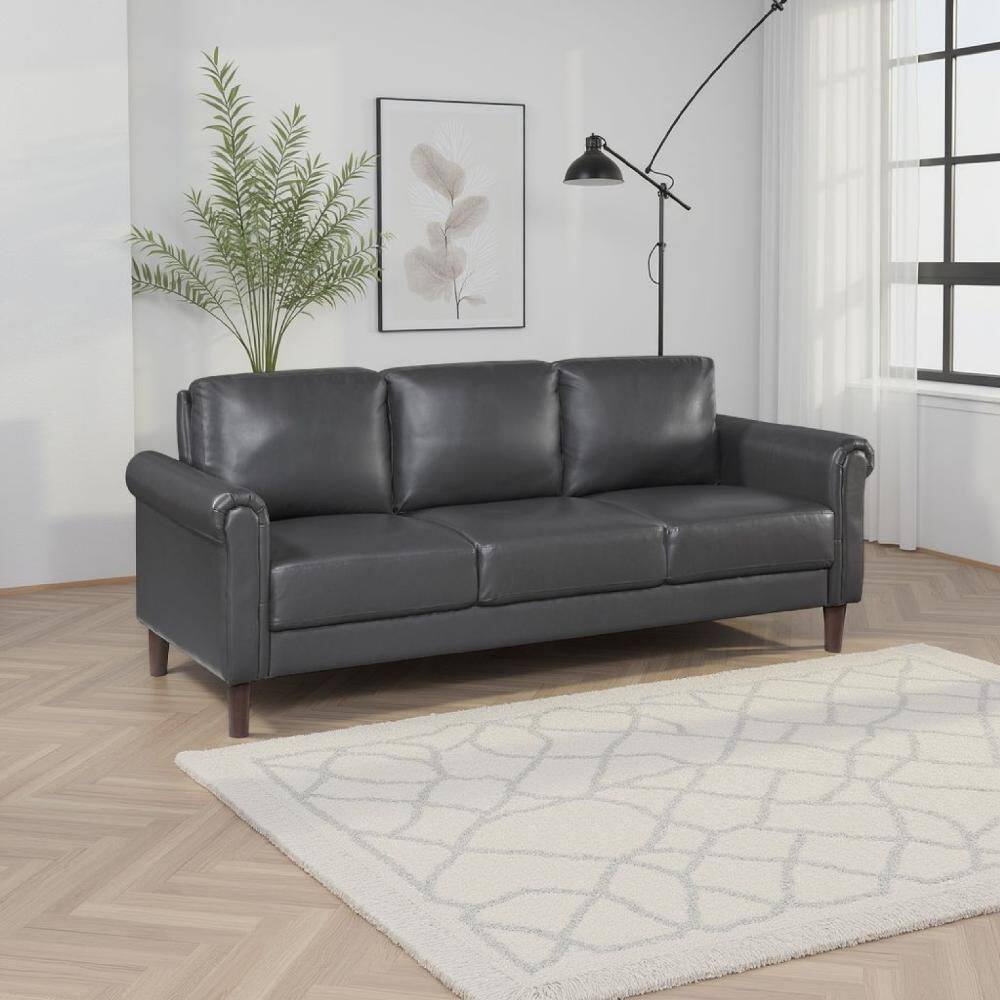 Lo 32 in. Rolled Arms Faux Leather Rectangle Sofa in Gray